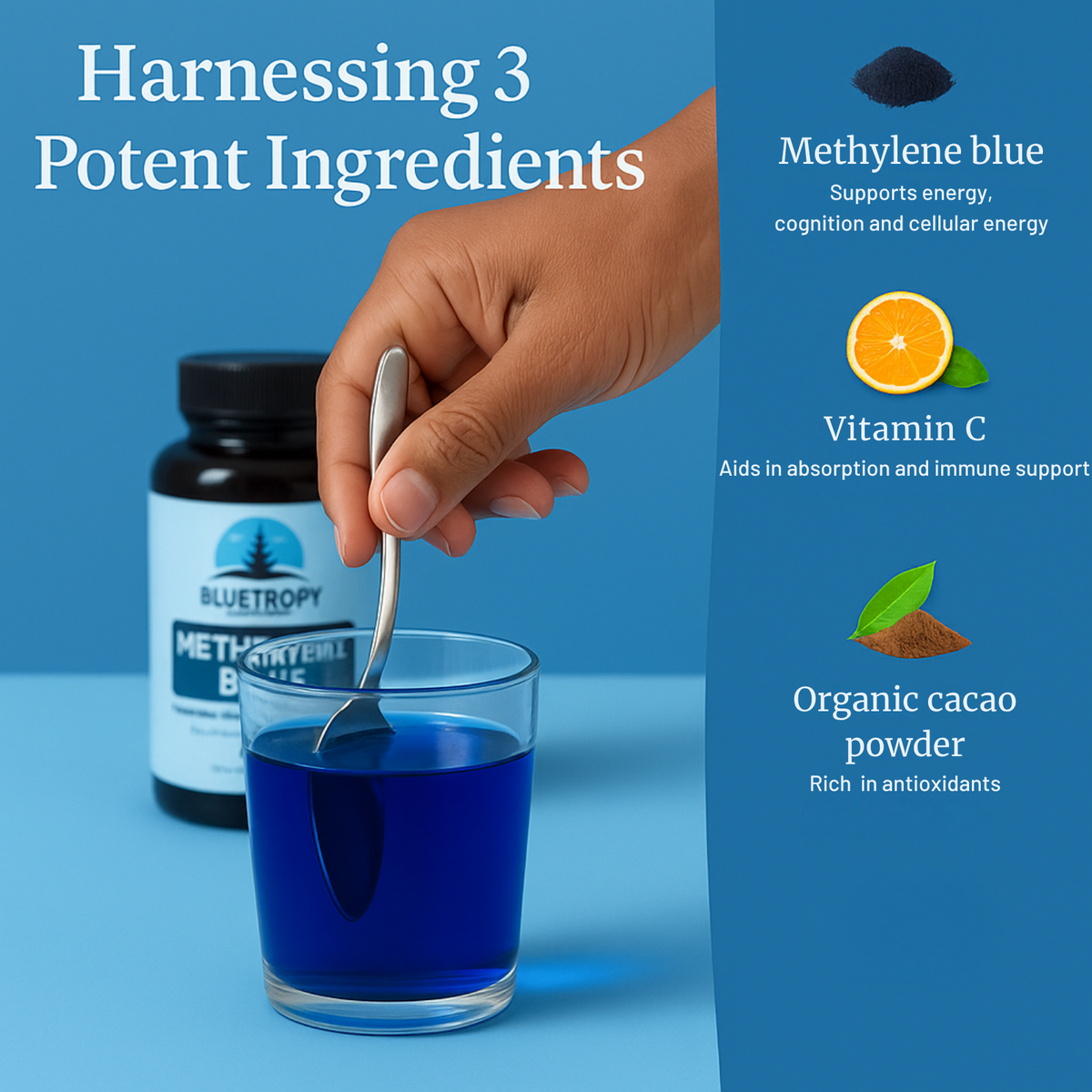 Promotional image for Bluetropy Nutrition Methylene Blue showing a hand stirring a glass of dark blue water with a spoon, with a blurred Bluetropy bottle in the background. The right side lists three main ingredients — Methylene Blue, Vitamin C, and Organic Cacao Powder — along with their benefits, all set against a light blue background